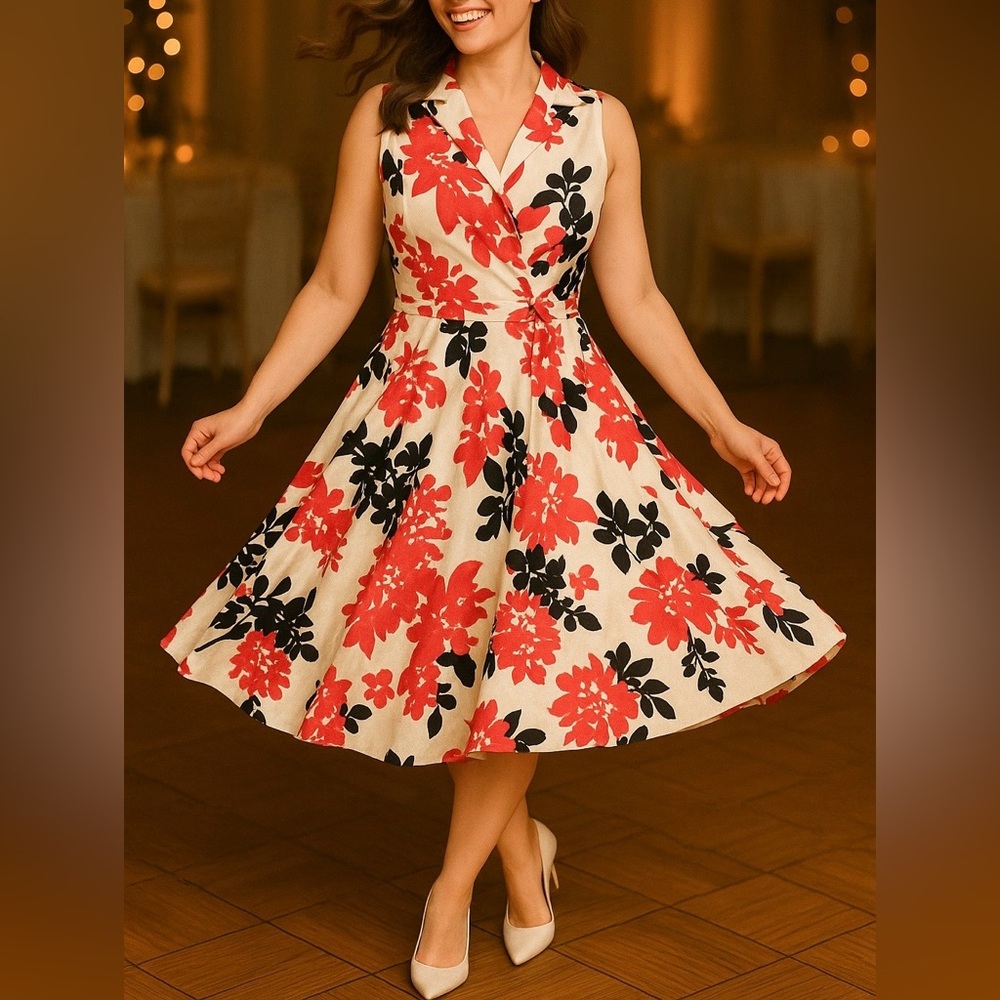 Jessica Howard Red and Black Fit and Flare Midi Dress